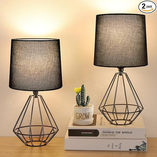 GGOYING Set of 2 Bedside Table Lamp, Black Metal Modern Lamp with Black Fabric Shade, Simple Side Lamp for Living Room,Bedroom,Home,Office Working