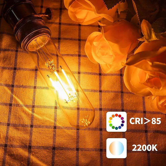 T10 Tubular Led Bulbs 60w Equivalent, Dimmable 5.25 Inch Led Tube Bulb, E26 T30 Edison Tubular Clear Light Bulbs, 2200K Warm Light Long Skinny 6W 10 Pack