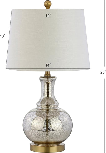 JONATHAN Y JYL1068A-SET2 25" Mercury Glass Table Lamp Set of 2 for Living Room Bedroom, Contemporary Glam Bedside Nightstand Lamps with White Linen Drum Shade and Brass Gold Base, LED Bulbs Included