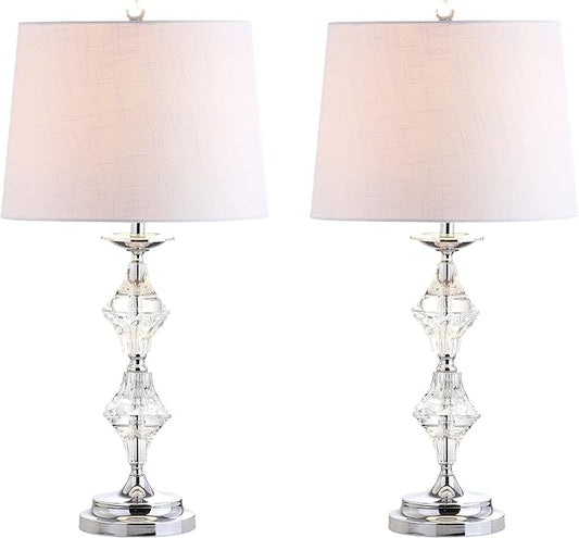 JONATHAN Y JYL2037A-SET2 27.5" Modern Glam Crystal Table Lamp Set of 2 for Bedroom Living Room, Traditional Stacked Crystal Bedside Nightstand Lamp with White Drum Shade, Clear/Chrome