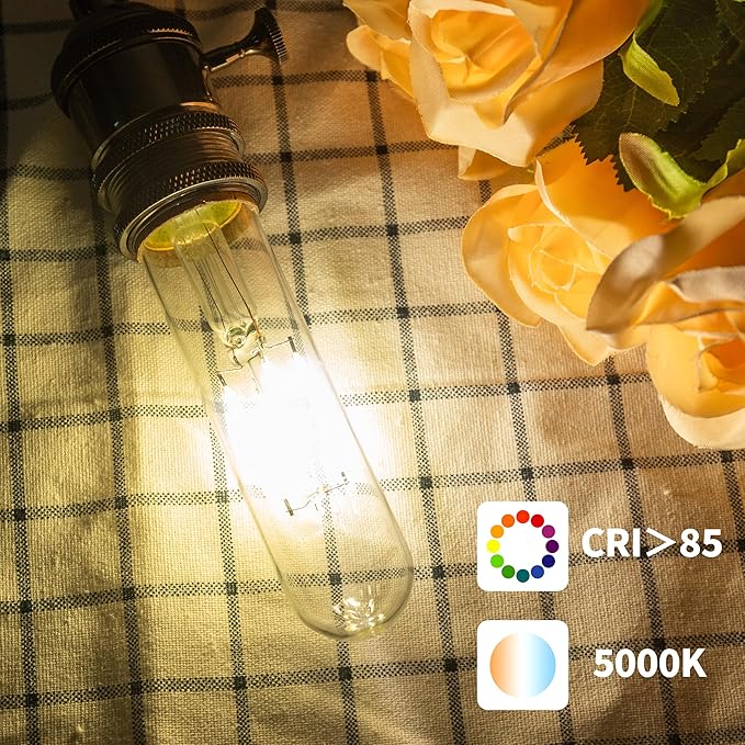 T10 Tubular Led Bulbs 60w Equivalent, Dimmable 5.25 Inch Led Tube Bulb, E26 T30 Edison Tubular Clear Light Bulbs, 5000K Cool White Long Skinny 6W 10 Pack