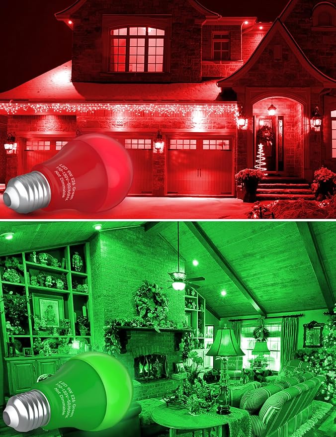 UNILAMP Red and Green Light Bulbs, 9W A19 LED Christmas Light Bulb, E26 Red Green Light Bulbs, 60W Equivalent, Color Bulb for Christmas Party Outdoor Porch Decoration, 4 Pack