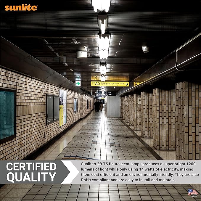 Sunlite 30310 F14T5/841 2 Foot T5 Linear Fluorescent Lamp, 14 Watts, 1200 Lumens, 4100K Cool White, Miniature G5 Bi-Pin Base, ROHS Compliant, High Performance Straight Tube, 40 Pack
