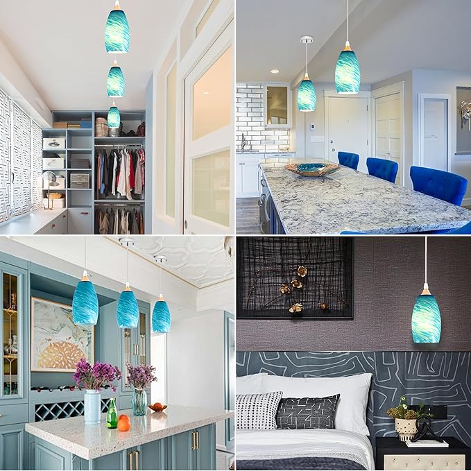 GO&SO Ocean-Blue Gradient Pendant Lights Kitchen Island 3 Pack,Hand-Blown Fluid Flow Texture, 7.8"H Art Oval Fixture,1.57" Fitter, E26 Base,for Hanging Light Fixtures & Mini Chandelier Replacement Set