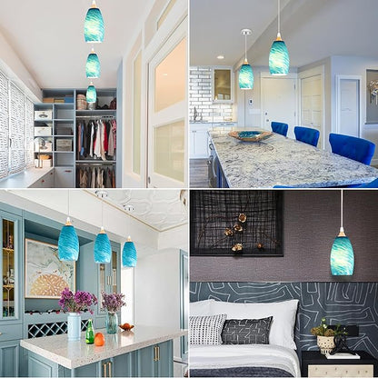 GO&SO Ocean-Blue Gradient Pendant Lights Kitchen Island 3 Pack,Hand-Blown Fluid Flow Texture, 7.8"H Art Oval Fixture,1.57" Fitter, E26 Base,for Hanging Light Fixtures & Mini Chandelier Replacement Set