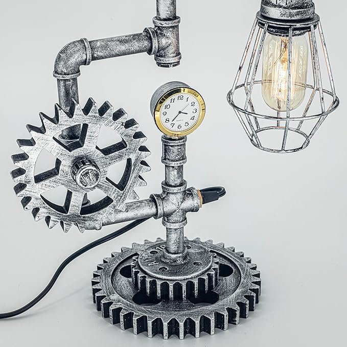 Antique Steampunk Pipe Table Lamp with Adjustable Joint & Clock (Cage Shade) QTF-BT05