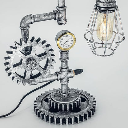 Antique Steampunk Pipe Table Lamp with Adjustable Joint & Clock (Cage Shade) QTF-BT05