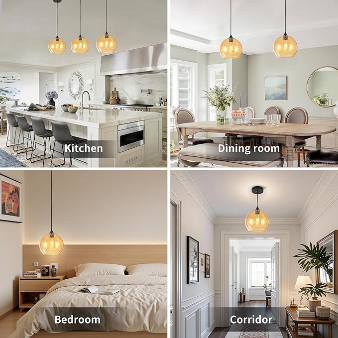Amber Glass Pendant Lights Kitchen Island Lighting Modern Globe Pendant Light Fixtures Modern Pendant Lights for Kitchen Island Bedroom Living Dining Room Light Fixture-9.8inch