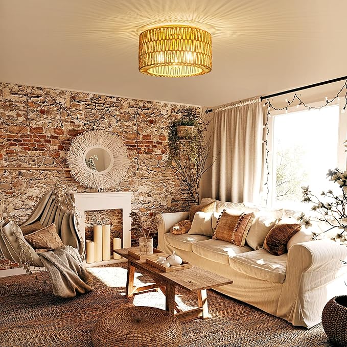 Rattan Ceiling Light Fixture, 3 Light Bohemian Modern Woven Ceiling Light, Boho Flush Mount Ceiling Light for Bedroom Living Room Dining Room, Bulb NOT Included