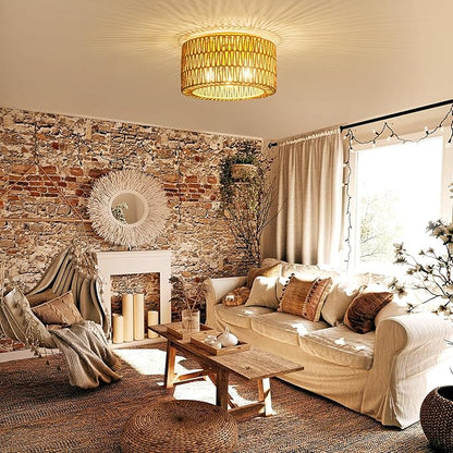 Rattan Ceiling Light Fixture, 3 Light Bohemian Modern Woven Ceiling Light, Boho Flush Mount Ceiling Light for Bedroom Living Room Dining Room, Bulb NOT Included