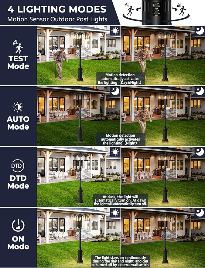 Lotsky Motion Sensor Outdoor Post Lights,360°Detection Dusk to Dawn Lamp Posts Outdoor Lighting with 3 Modes,Black 3-Head Aluminum Outside Street Light for Garden,Driveway,Patio,Waterproof,E26 Base