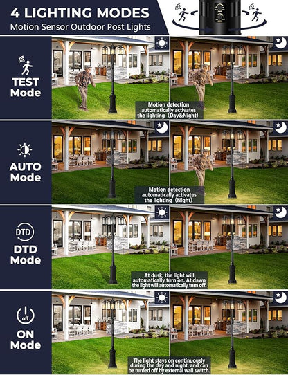 Lotsky Motion Sensor Outdoor Post Lights,360°Detection Dusk to Dawn Lamp Posts Outdoor Lighting with 3 Modes,Black 3-Head Aluminum Outside Street Light for Garden,Driveway,Patio,Waterproof,E26 Base