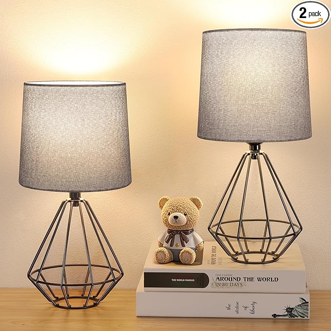 GGOYING Set of 2 Bedside Table Lamp, Black Metal Modern Lamp with Grey Fabric Shade, Simple Side Lamp for Living Room,Bedroom,Home,Office Working