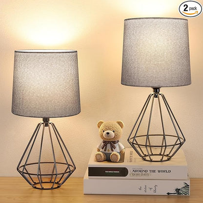 GGOYING Set of 2 Bedside Table Lamp, Black Metal Modern Lamp with Grey Fabric Shade, Simple Side Lamp for Living Room,Bedroom,Home,Office Working