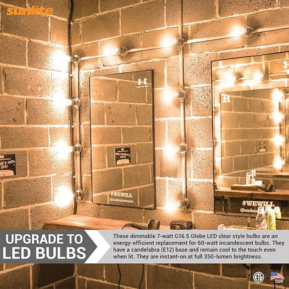 Sunlite G16.5 Light Bulb LED, 7 Watts (60W Equiv.), 500 Lumens, Dimmable, Type G Globe Shape E12 Candelabra Base, Short Bulbs, Vanity Mirror Bulbs, 2700K Soft White, Clear, 3 Count