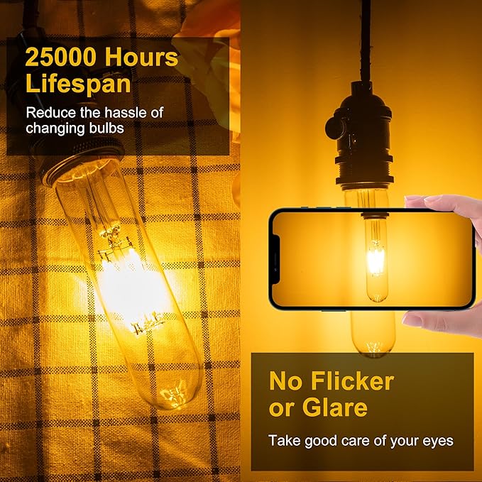T10 Tubular Led Bulbs 60w Equivalent, Dimmable 5.25 Inch Led Tube Bulb, E26 T30 Edison Tubular Clear Light Bulbs, 2700K Warm Light Long Skinny 6W 10 Pack