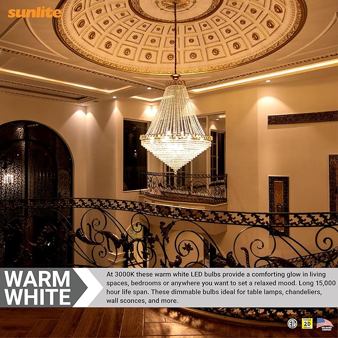 Sunlite LED B13 Torpedo Decorative Chandelier Light Bulb, 7 Watts (60W=), 500 Lmns, 120 Volts, Dimmable, E26 Base, 90 CRI, ETL Listed, Torpedo Frosted, Title-20, 3000K Warm White, 6 Pack