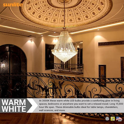 Sunlite LED B13 Torpedo Decorative Chandelier Light Bulb, 7 Watts (60W=), 500 Lmns, 120 Volts, Dimmable, E26 Base, 90 CRI, ETL Listed, Torpedo Frosted, Title-20, 3000K Warm White, 6 Pack