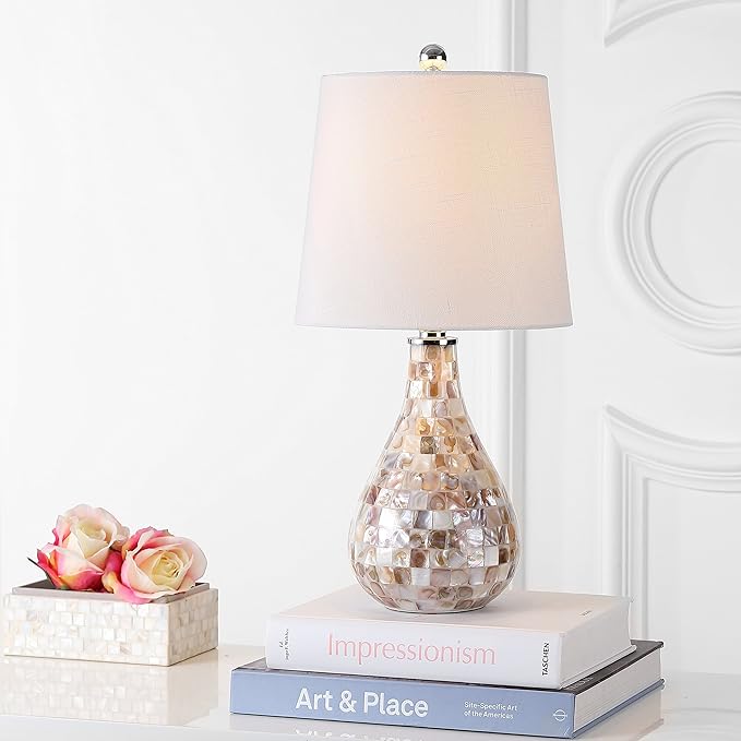 JONATHAN Y JYL1024A 20.5" Coastal Seashell Mosaic Table Lamp for Living Room, Bedroom, Bedside Nightstand Lamp with White Linen Drum Shade, Cottage Beach House Accent Lamp, LED Bulb Included