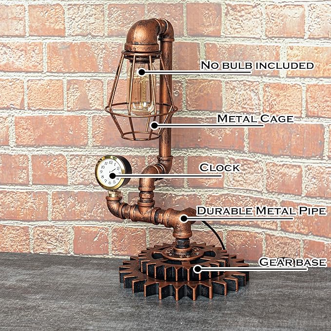 Vintage Copper Steampunk Pipe Table Lamp with Clock (Cage Shade Design) QTF-BT02