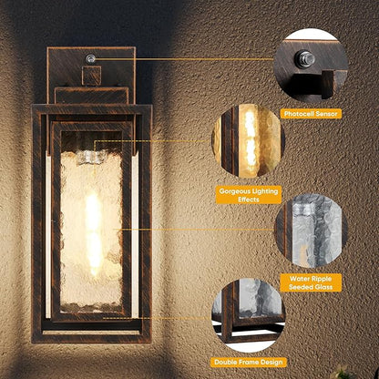 Dusk to Dawn Outdoor Wall Lantern, Water Ripple Exterior Porch Light Fixture Black Gold, 2 Pack Sensor Outside Lantern Lamp, Porch Mount Lamp for Doorway, Waterproof Wall Sconce Light (Bulb Included)