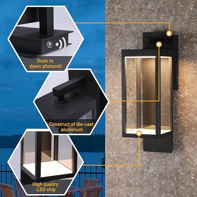 Dusk to Dawn Outdoor Wall Porch Light, 800Lm Modern Sconce 3000K, LED Matte Black Exterior Fixtures, Mounted Patio Lamps, Waterproof for Garage Walkway Backyard Garden