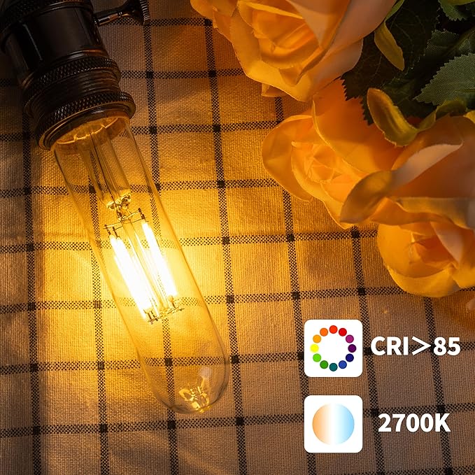 T10 Tubular Led Bulbs 60w Equivalent, Dimmable 5.25 Inch Led Tube Bulb, E26 T30 Edison Tubular Clear Light Bulbs, 2700K Warm Light Long Skinny 6W 10 Pack