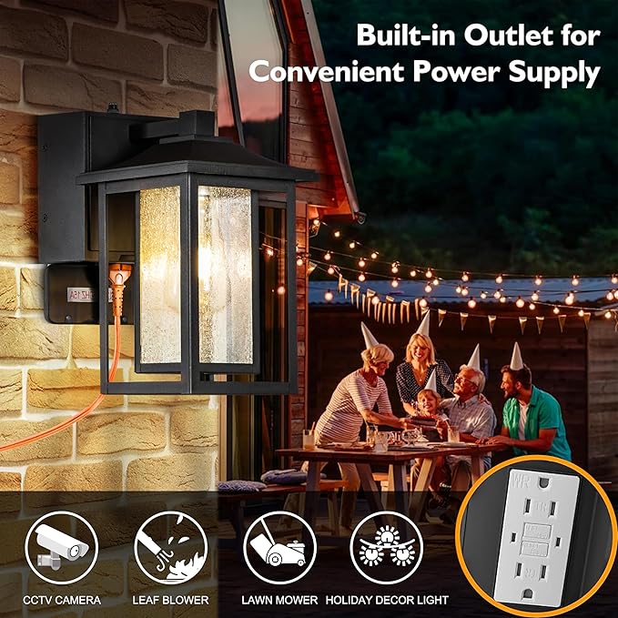 ALOADECOR 1 Light Black Exterior Light Dusk to Dawn Sensor Outdoor Lights Garage Wall Lights with Seeded Glass Front Porch Light Fixtures with GFCI Outlets for Outside Garden Porch Patio