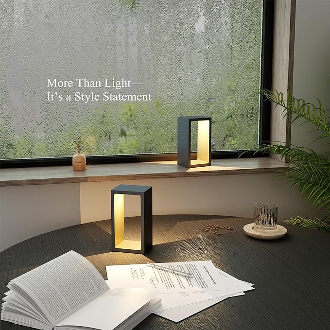 Minimalist Portable Cordless LED Desk Lamp, Adjustable Brightness Bedside Night Light, 7" High Aluminum Metal Table Lamp Battery Operated, Rechargeable Wireless Table Lamp for Home (Black + Gold)