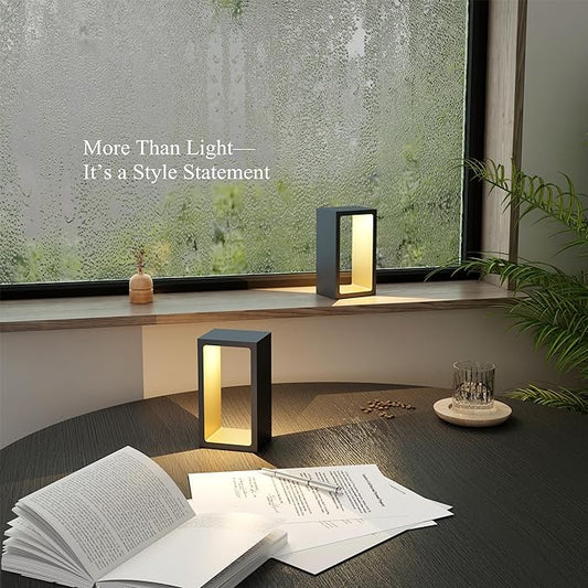 Minimalist Portable Cordless LED Desk Lamp, Adjustable Brightness Bedside Night Light, 7" High Aluminum Metal Table Lamp Battery Operated, Rechargeable Wireless Table Lamp for Home (Black + Gold)