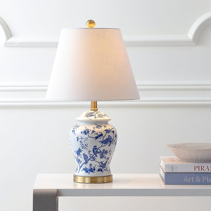 JONATHAN Y JYL3005A 22" French Country Ginger Jar Table Lamp, Blue and White Chinoiserie Ceramic Bedside Lamp for Living Room, Traditional Bedroom Nightstand with White Linen Shade, LED Bulb Included