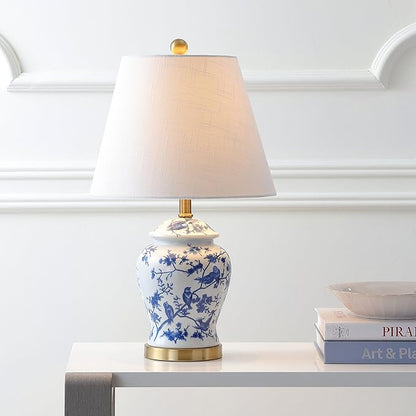 JONATHAN Y JYL3005A 22" French Country Ginger Jar Table Lamp, Blue and White Chinoiserie Ceramic Bedside Lamp for Living Room, Traditional Bedroom Nightstand with White Linen Shade, LED Bulb Included