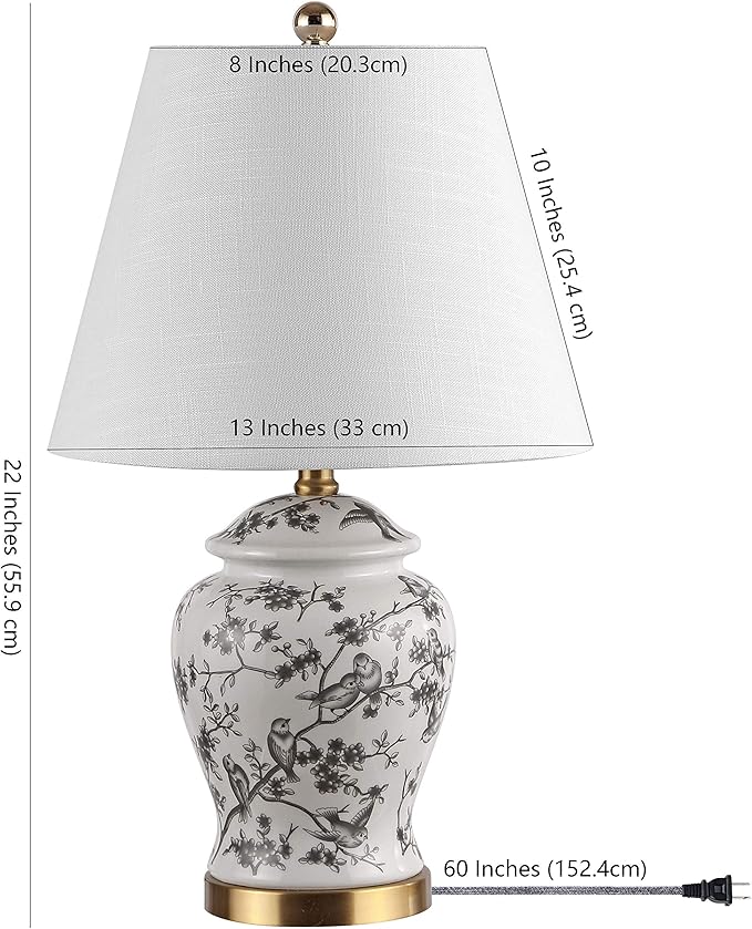 JONATHAN Y JYL3005C 22" French Country Ginger Jar Table Lamp, Gray and White Chinoiserie Ceramic Bedside Lamp for Living Room, Traditional Bedroom Nightstand with White Linen Shade, LED Bulb Included