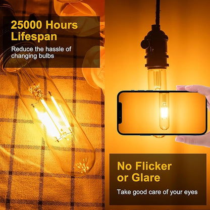 T10 Tubular Led Bulbs 60w Equivalent, Dimmable 5.25 Inch Led Tube Bulb, E26 T30 Edison Tubular Clear Light Bulbs, 2200K Warm Light Long Skinny 6W 4 Pack
