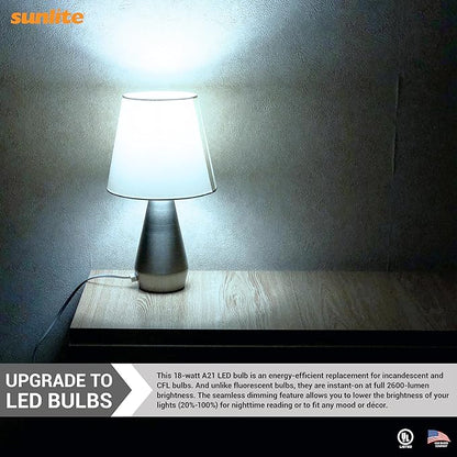 Sunlite LED A21 Light Bulb, 18 Watts (150W Equivalent), 2600 Lumens, 120V, Dimmable, Medium E26 Base, 220 Degree Beam Angle, UL Listed, RoHS Compliant, 5000K Daylight, 6 Pack