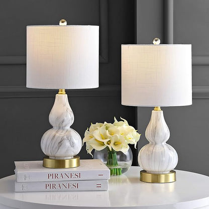 JONATHAN Y JYL1028D-SET2 20.5" Black and White Marbleized Glass Gourd Table Lamp Set of 2, Modern Glam Bedside Nightstand Lamps for Bedroom, Living Room, Office, End Table with White Linen Drum Shade