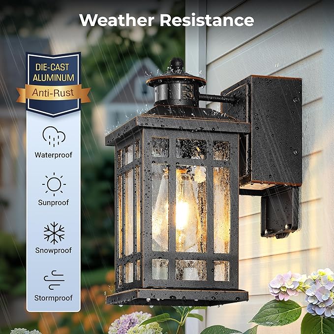 Motion Sensor Outdoor Lights Wall Mount with GFCI Outlet, Dusk to Dawn Exterior Light Fixture, 100% Anti-Rust Aluminum Waterproof Outside Wall Lighting for House, Black 2-Pack, Non-Solar