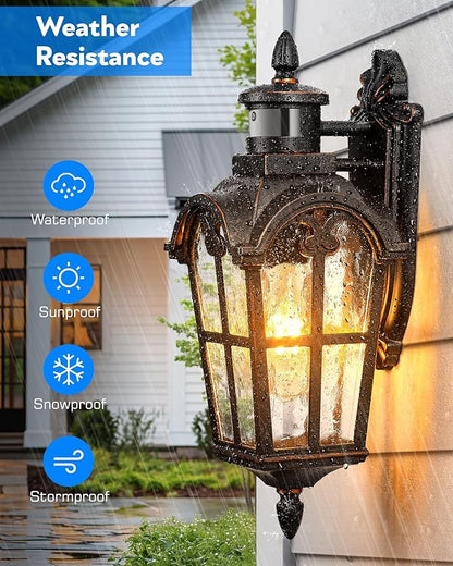 VIANIS 16.4" Outdoor Motion Sensor Light, 2 Pack Vintage ORB Porch Lights Outdoor Lantern, Dusk to Dawn Outside Light Fixtures Wall Mount, Aluminum Exterior Lighting Fixtures for House, Garden, Patio