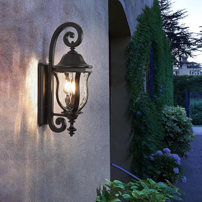 Black Exterior Wall Sconces, 28" H Large Outdoor Wall Light Fixtures with Water Glass, Waterproof Outdoor Lights Wall Mount with Decorative Patterns for Porch, Front Door