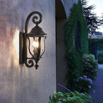 Black Exterior Wall Sconces, 28" H Large Outdoor Wall Light Fixtures with Water Glass, Waterproof Outdoor Lights Wall Mount with Decorative Patterns for Porch, Front Door