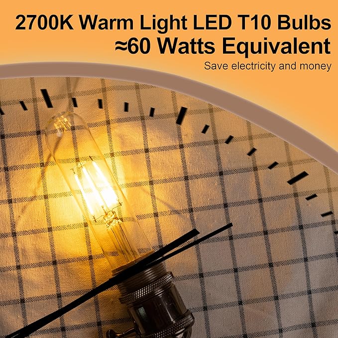 T10 Tubular Led Bulbs 60w Equivalent, Dimmable 5.25 Inch Led Tube Bulb, E26 T30 Edison Tubular Clear Light Bulbs, 2700K Warm Light Long Skinny 6W 10 Pack