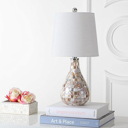 JONATHAN Y JYL1024A 20.5" Coastal Seashell Mosaic Table Lamp for Living Room, Bedroom, Bedside Nightstand Lamp with White Linen Drum Shade, Cottage Beach House Accent Lamp, LED Bulb Included