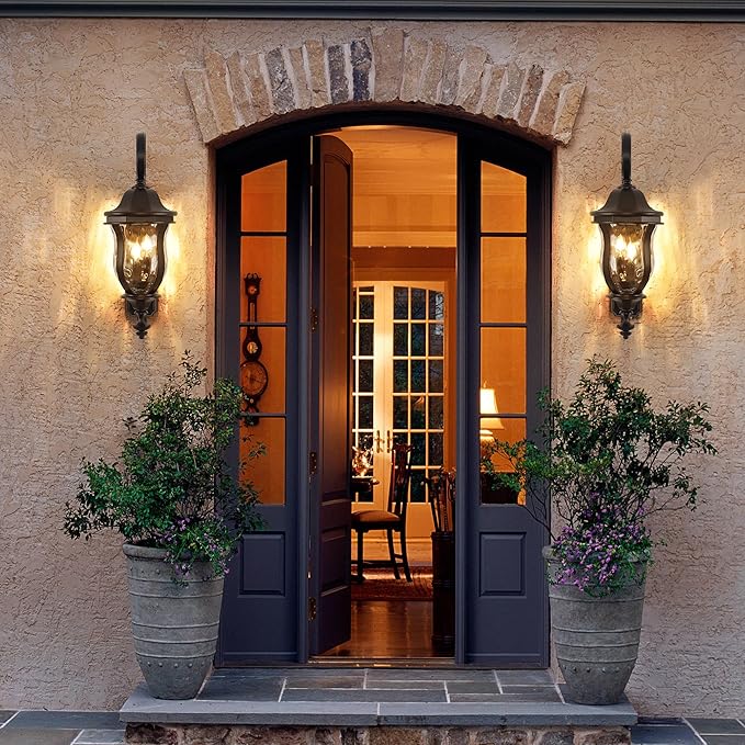 Black Exterior Wall Sconces, 28" H Large Outdoor Wall Light Fixtures with Water Glass, Waterproof Outdoor Lights Wall Mount with Decorative Patterns for Porch, Front Door