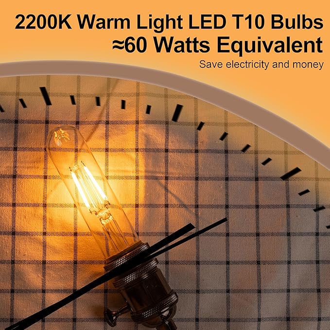 T10 Tubular Led Bulbs 60w Equivalent, Dimmable 5.25 Inch Led Tube Bulb, E26 T30 Edison Tubular Clear Light Bulbs, 2200K Warm Light Long Skinny 6W 4 Pack