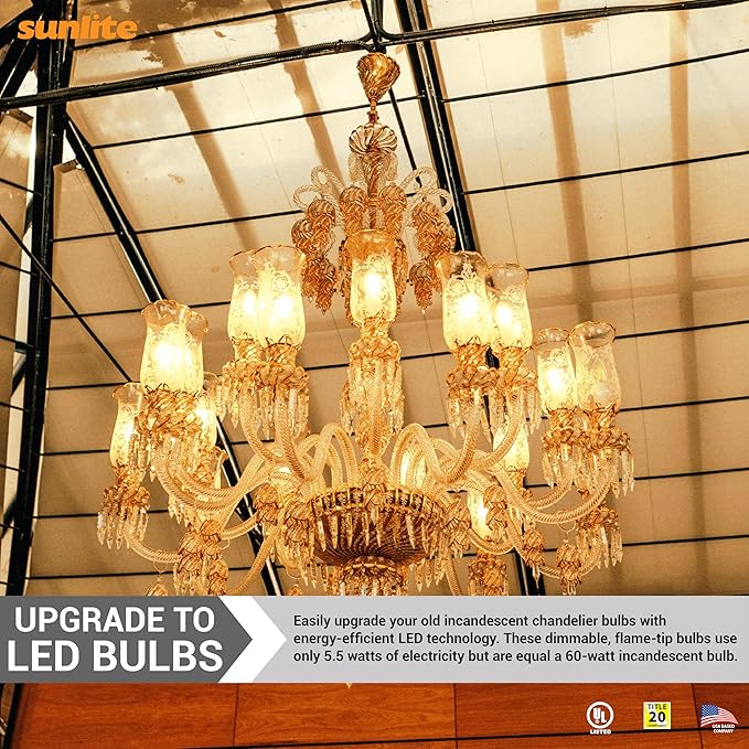 Sunlite LED Filament CA11 Flame Tip Chandelier Light Bulb, 5.5 Watts (60W=), 600 Lumens, Candelabra Base (E12), Edison Style, 90 CRI, Dimmable, UL Listed, 3000K Warm White, 12 Count
