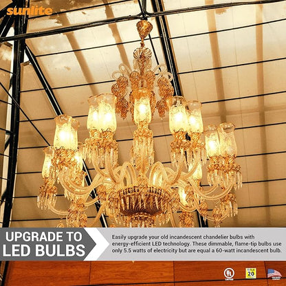 Sunlite LED Filament CA11 Flame Tip Chandelier Light Bulb, 5.5 Watts (60W=), 600 Lumens, Candelabra Base (E12), Edison Style, 90 CRI, Dimmable, UL Listed, 3000K Warm White, 12 Count