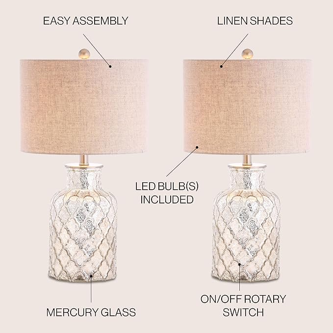 JONATHAN Y JYL1075A-SET2 Set of 2 Table Lamps Alvord 24.5" LED Glass Table Lamp Contemporary Bedside Desk Nightstand Lamp for Bedroom Living Room Office College Bookcase, Mercury Silver