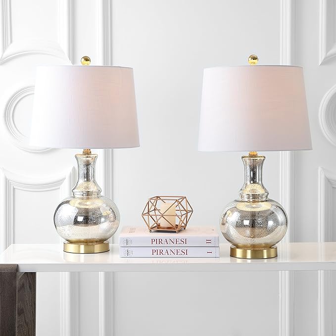 JONATHAN Y JYL1068A-SET2 25" Mercury Glass Table Lamp Set of 2 for Living Room Bedroom, Contemporary Glam Bedside Nightstand Lamps with White Linen Drum Shade and Brass Gold Base, LED Bulbs Included