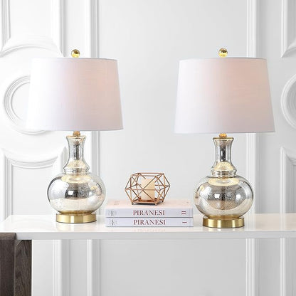 JONATHAN Y JYL1068A-SET2 25" Mercury Glass Table Lamp Set of 2 for Living Room Bedroom, Contemporary Glam Bedside Nightstand Lamps with White Linen Drum Shade and Brass Gold Base, LED Bulbs Included
