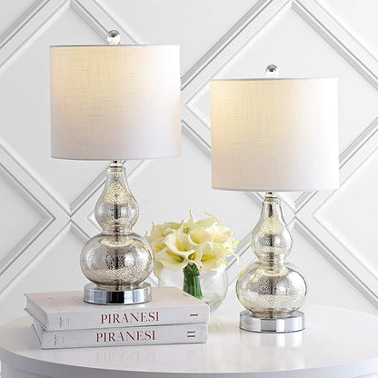 JONATHAN Y JYL1028C-SET2 20.5" Silver Mercury Glass Gourd Table Lamp Set of 2, Modern Glam Bedside Nightstand Lamps for Bedroom, Living Room, Office, End Table with White Linen Drum Shade